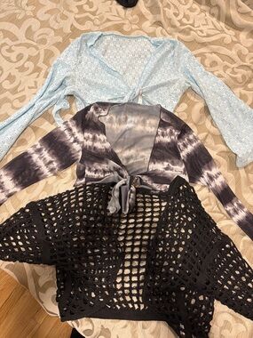 3-Piece Cardigan Set - Light Blue, Tie-Dye Gray, Black Crochet large and xl